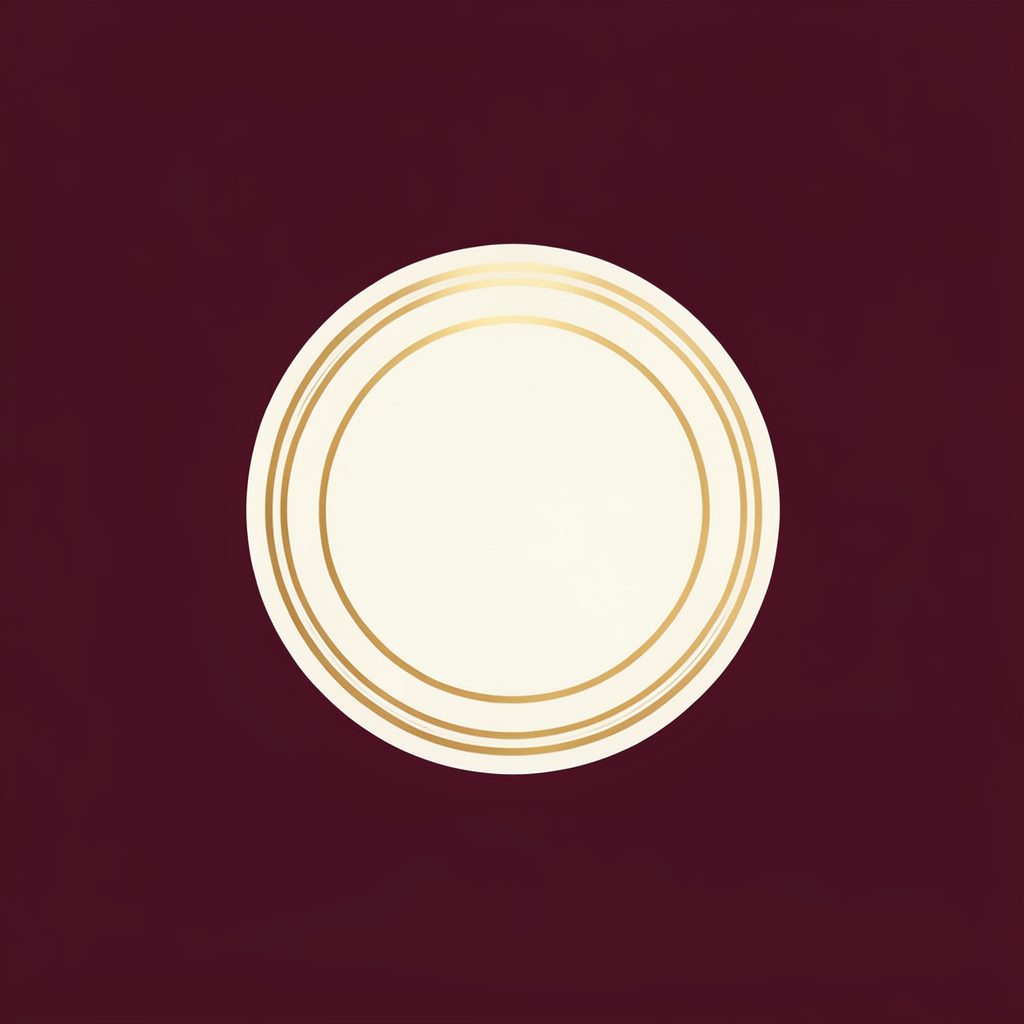 A simple round emblem in cream and gold tones set against a deep burgundy background, plain and ceremonial