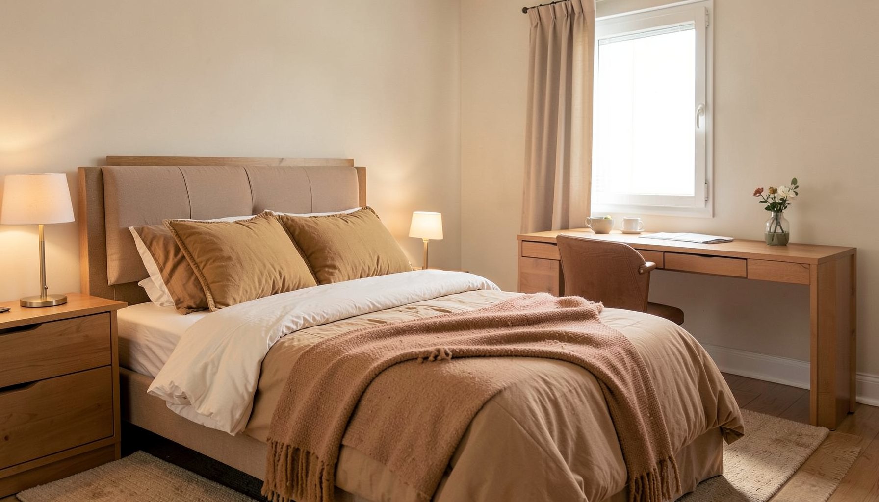 Standard bedroom with warm-toned bedding and a desk area, simple and comfortable