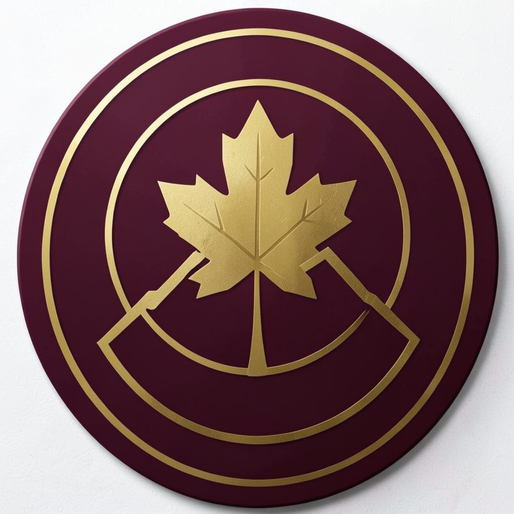 Circular emblem in deep burgundy and gold, featuring a stylized maple leaf and mountain silhouette
