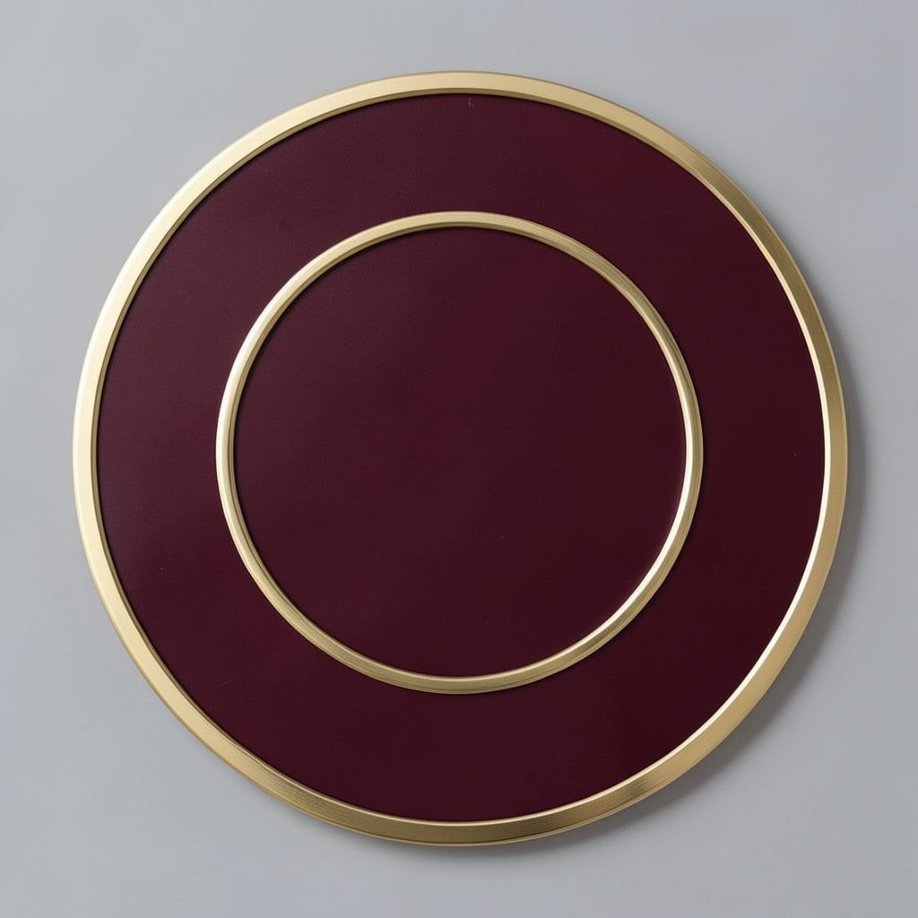 A round burgundy crest emblem mirroring the first, with plain gold ring detailing and a formal quiet mood