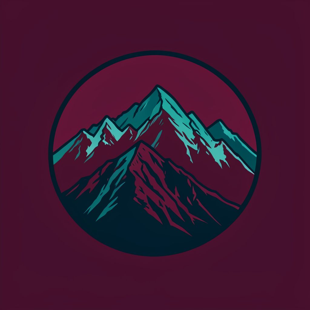 Mountain landscape emblem in deep burgundy and teal, evoking the Canadian Rockies