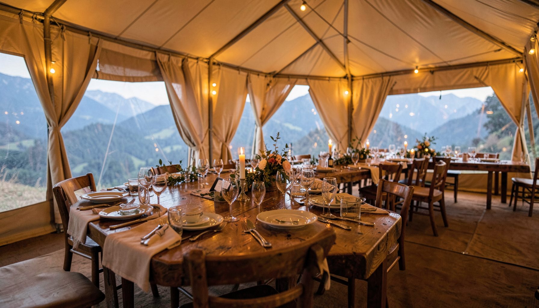 Long wooden banquet tables set with rustic tableware inside a warmly lit tent, with soft amber lighting and mountain views through open tent flaps