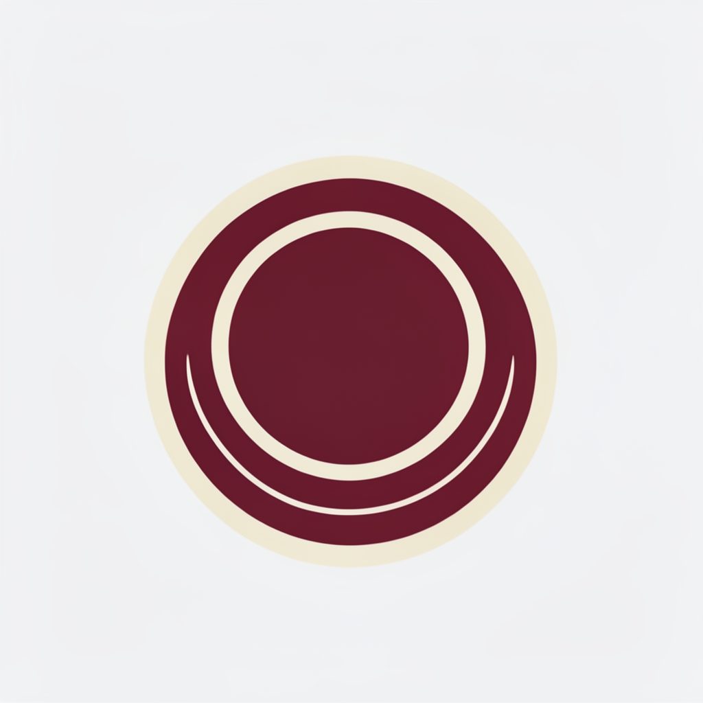 A small round crest logo in burgundy and cream, simple and formal in style