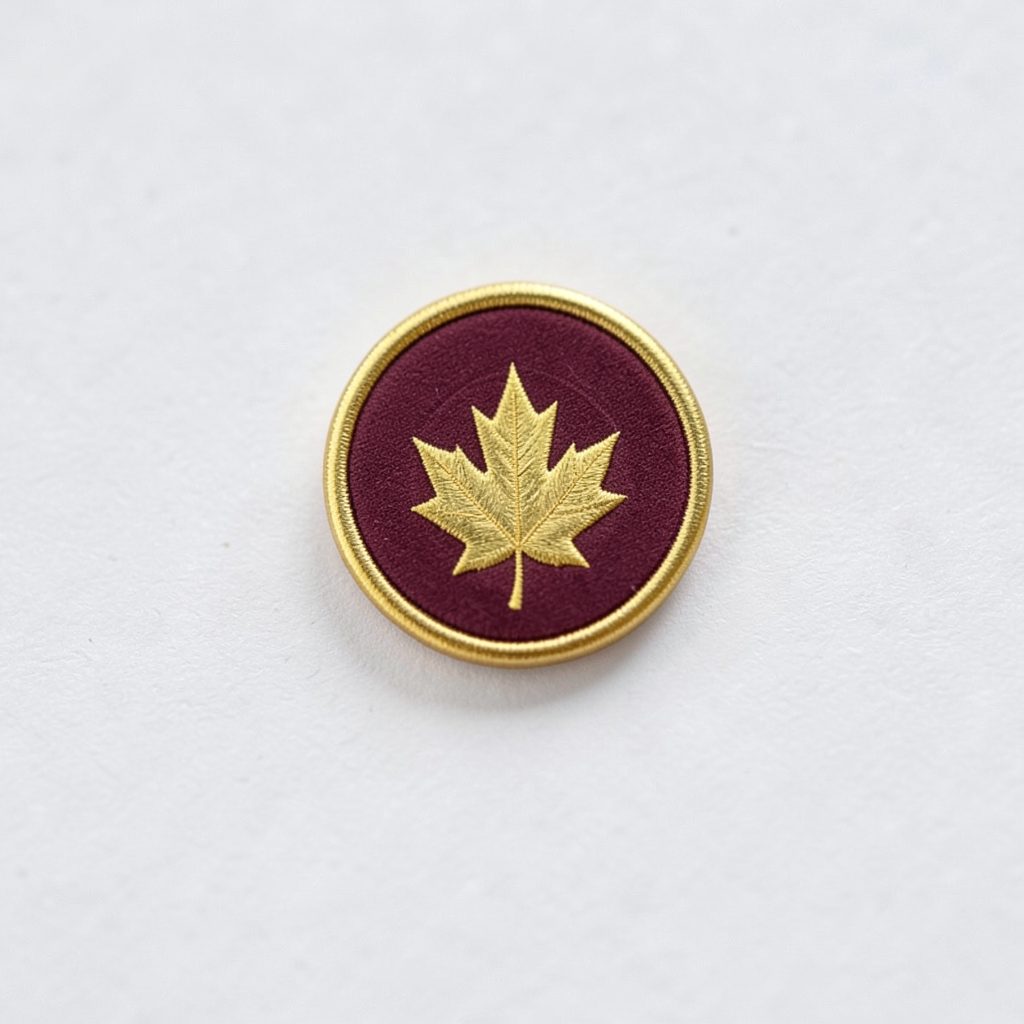 Small circular emblem in burgundy and gold with a maple leaf motif, matching the header crest.