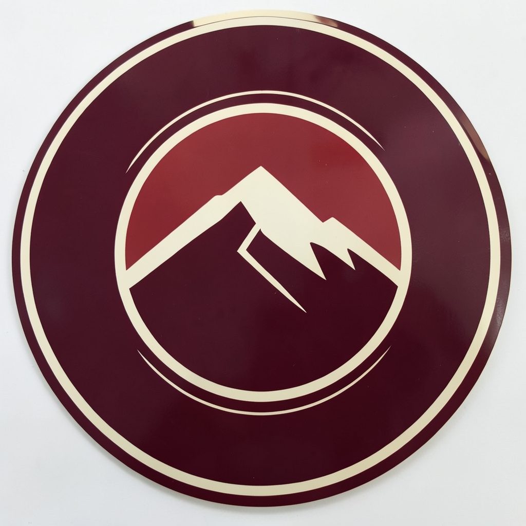 Circular emblem in burgundy and cream with a stylized mountain motif