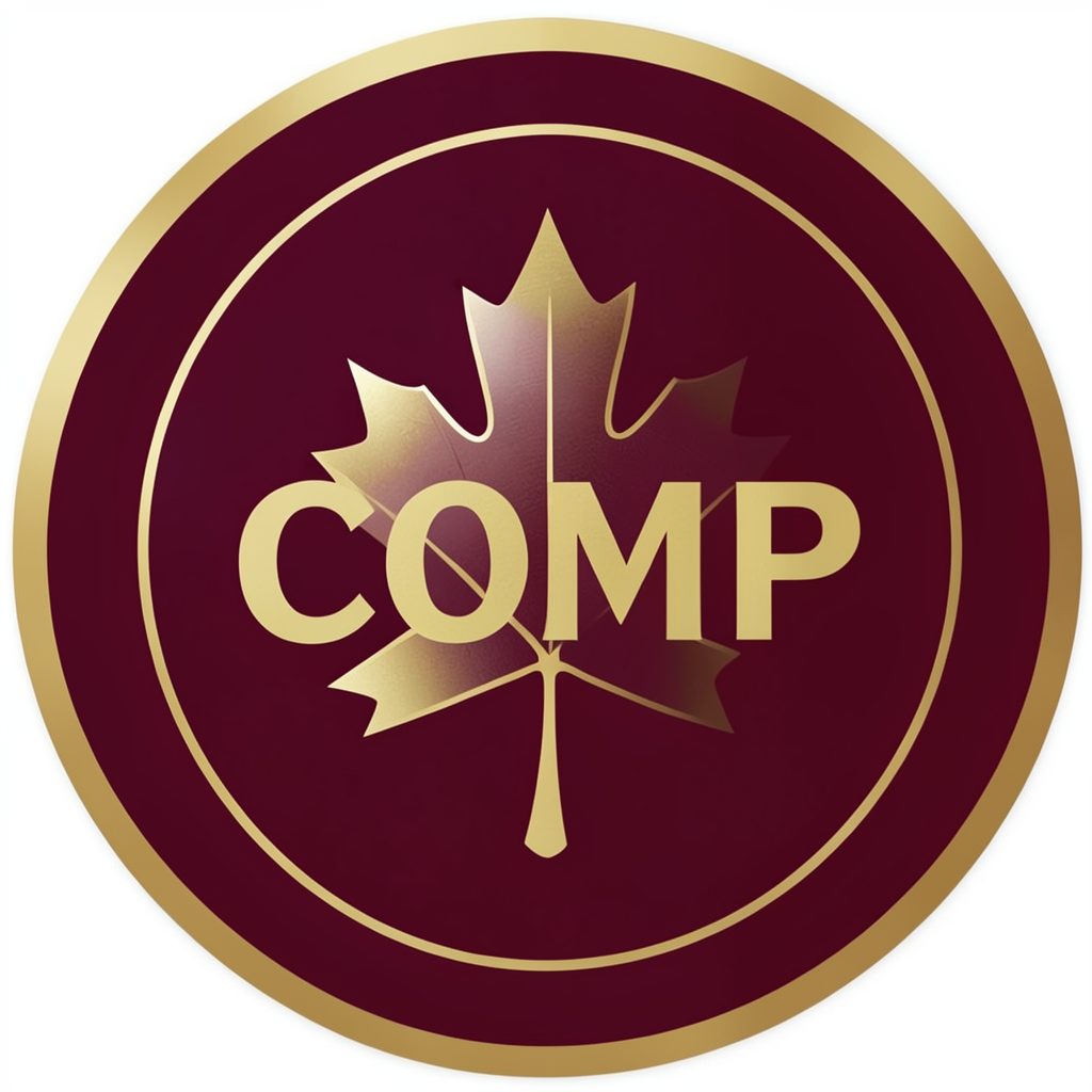 Circular emblem in deep burgundy and gold, featuring a stylized maple leaf and the letters COMP, conveying a formal Canadian scientific identity.
