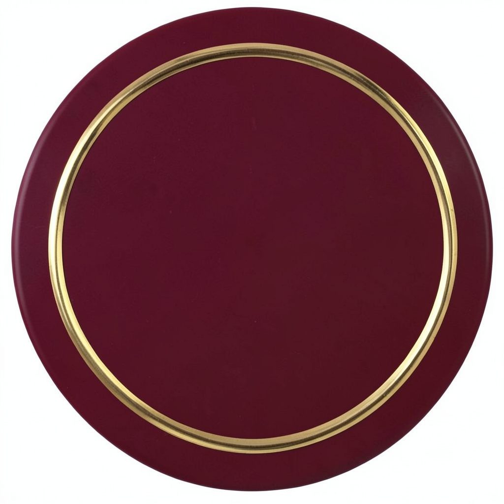 A round burgundy crest emblem with simple gold ring detailing, plain and formal in style