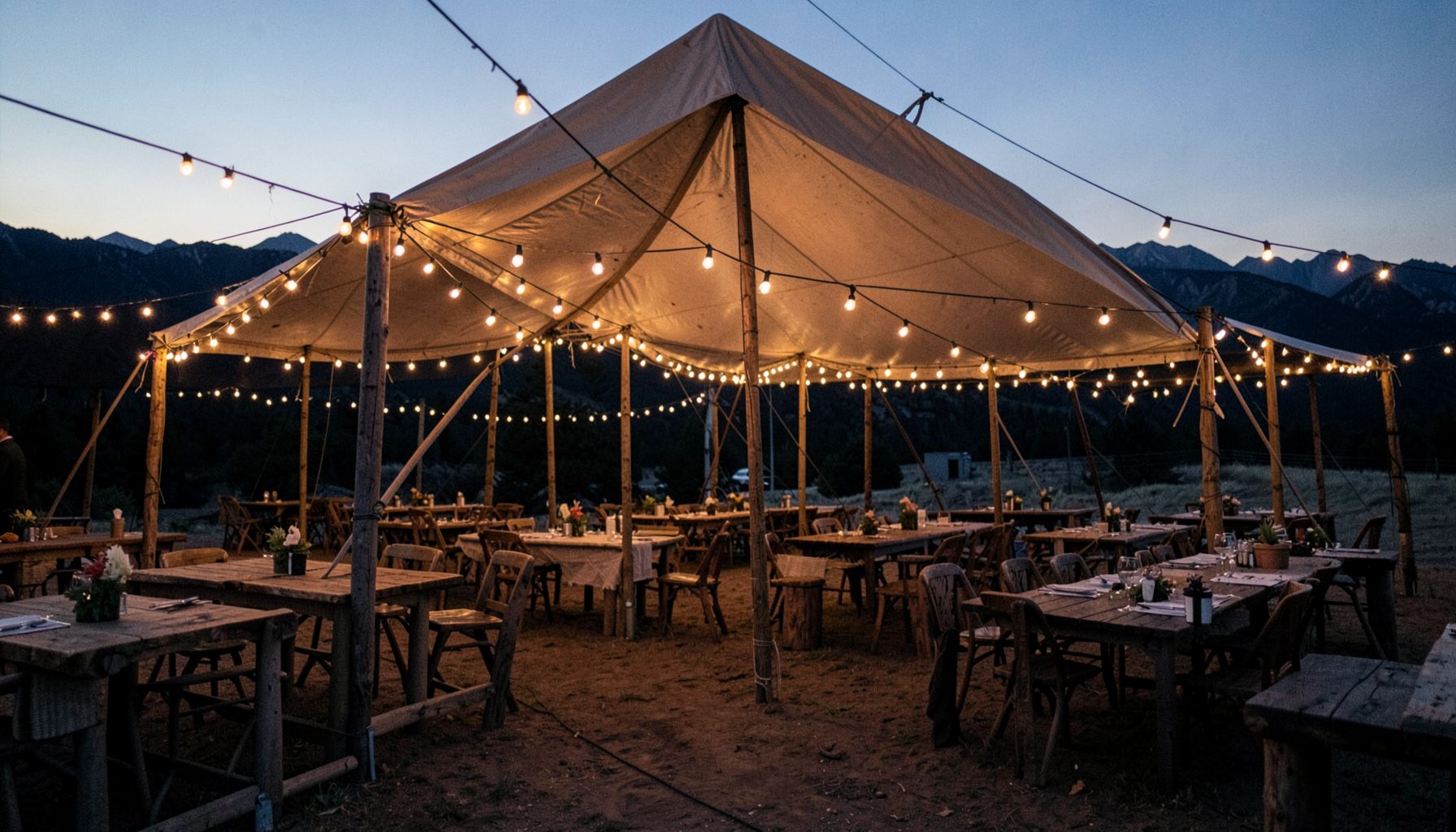 Rustic western-themed event tent at dusk with string lights, wooden tables, and mountain silhouettes in the background