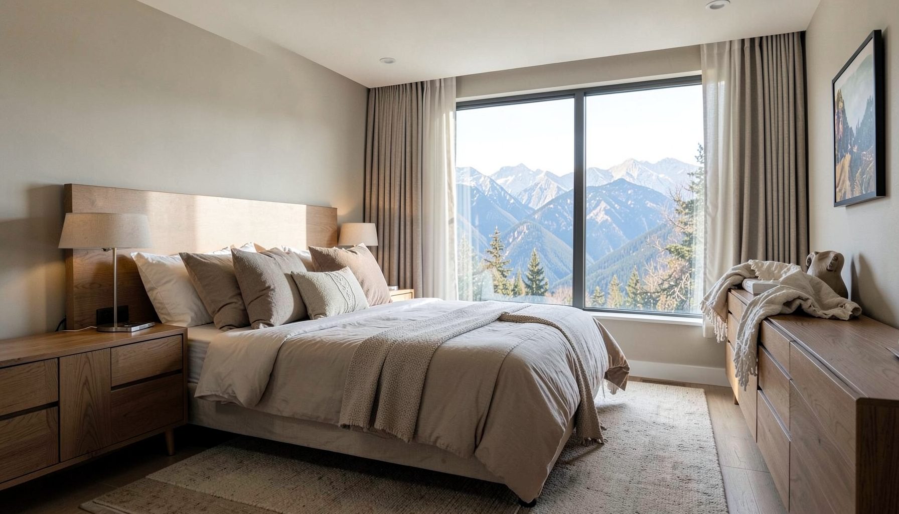 Superior bedroom with a large window framing mountain views, neutral linens and wood furnishings