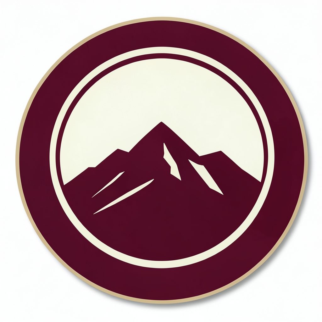 Circular emblem in burgundy and cream featuring a stylized mountain silhouette