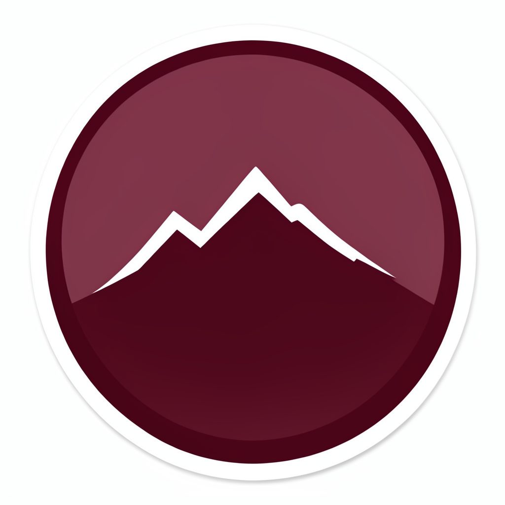 Circular emblem in burgundy with a stylized mountain silhouette, matching the conference identity
