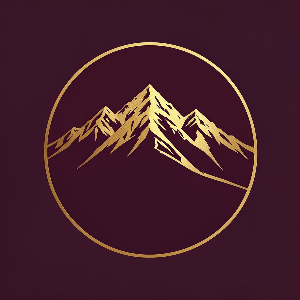 Mountain landscape emblem in deep burgundy and gold, evoking the Canadian Rockies