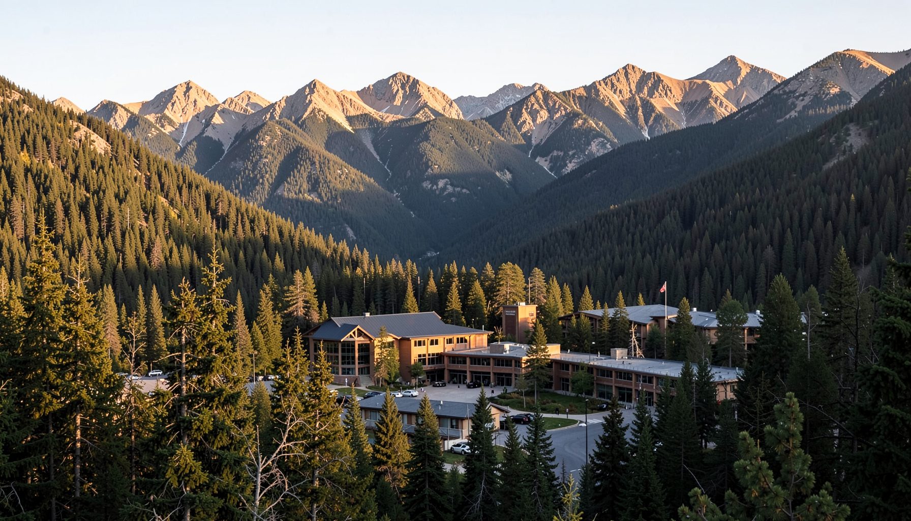 The Banff Centre campus nestled among pine-covered slopes with mountain ridges rising behind, warm afternoon light