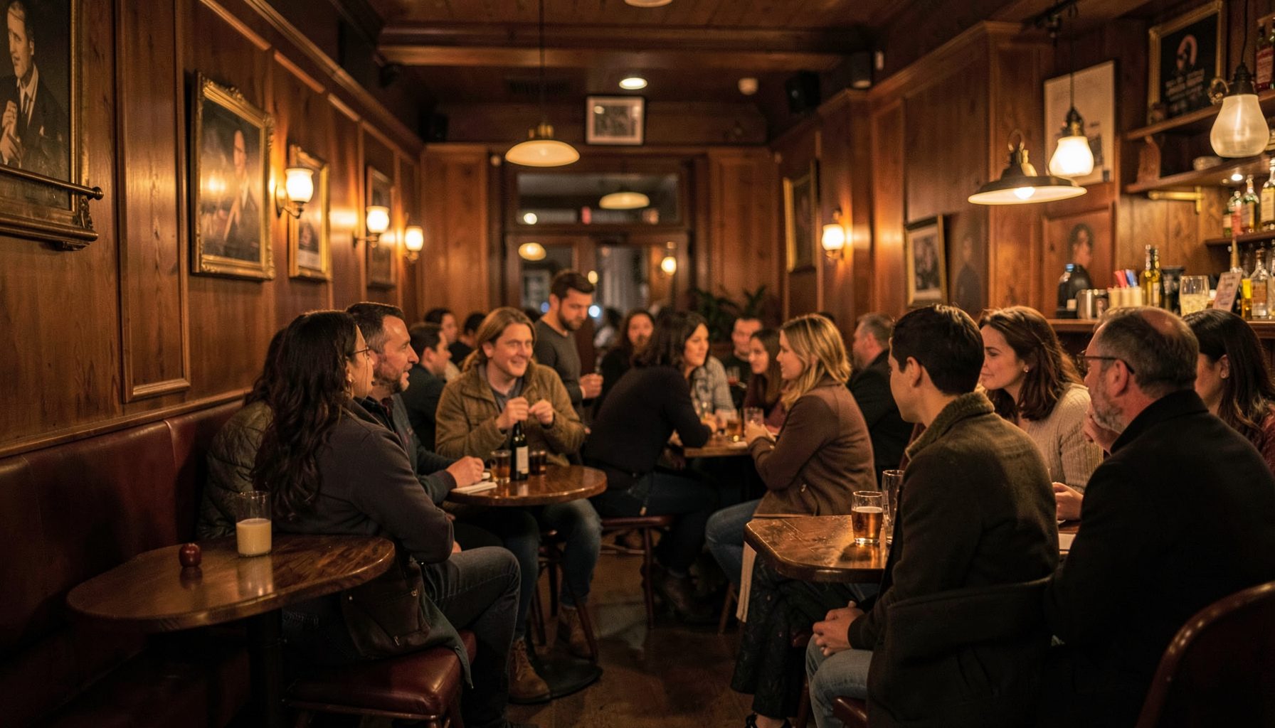 Warm interior of a cozy pub with wood-paneled walls and soft amber lighting, suggesting a relaxed social gathering